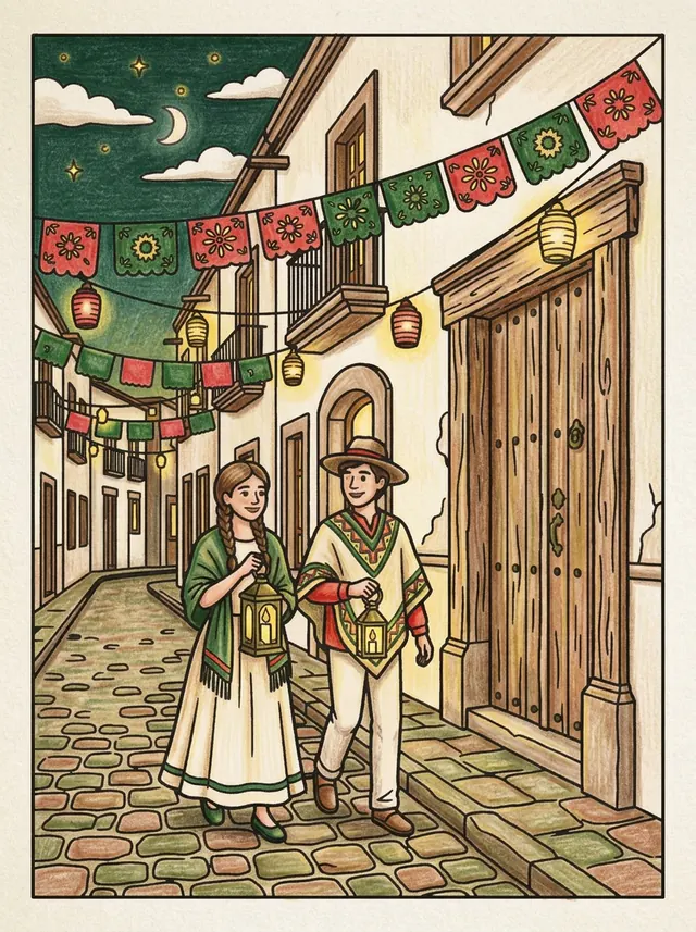 Lámina coloreada de una pareja con faroles por una calle empedrada adornada con papel picado