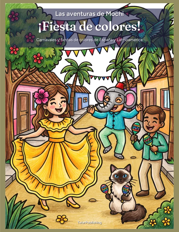 Portada de ¡Fiesta de colores!: una niña con falda amarilla, bailarines de carnaval y Mochi con unas maracas